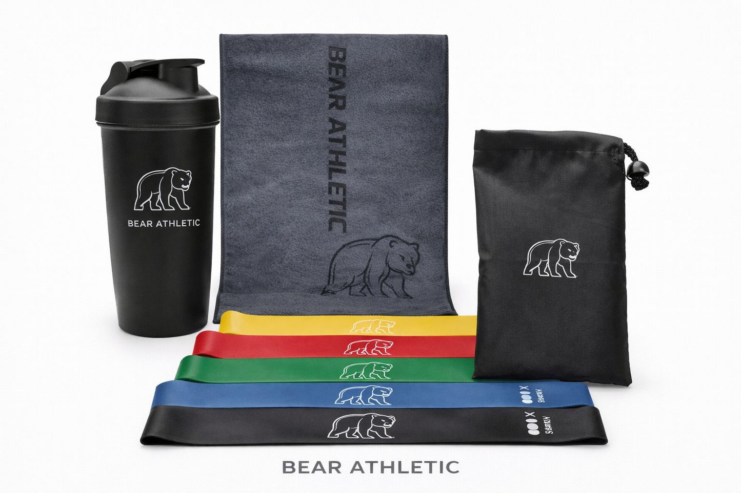 BEAR ATHLETIC Essentials Bundle — 600ml shaker bottle, microfibre sweat towel, 5-piece resistance band set and drawstring carry bag