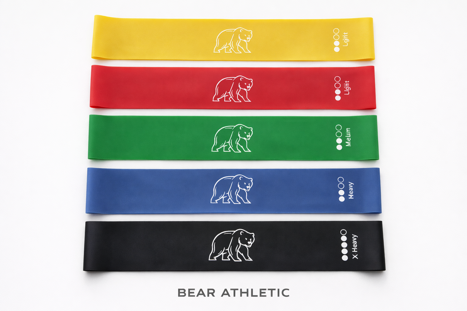BEAR ATHLETIC 5-piece resistance band set laid out by resistance level — yellow, red, green, blue and black