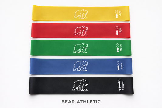 BEAR ATHLETIC 5-piece resistance band set laid out by resistance level — yellow, red, green, blue and black